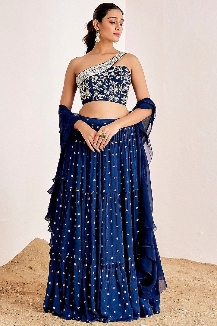 Navy Blue Georgette & Organza Sequins Embroidered Wedding Lehenga Set by Suruchi Parakh at Pernia's Pop Up Shop