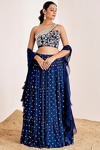 Navy Blue Georgette & Organza Sequins Embroidered Lehenga Set by Suruchi Parakh