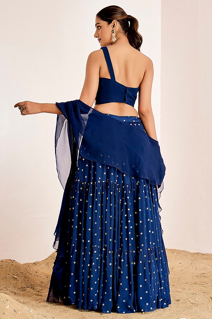 Navy Blue Georgette & Organza Sequins Embroidered Wedding Lehenga Set by Suruchi Parakh at Pernia's Pop Up Shop
