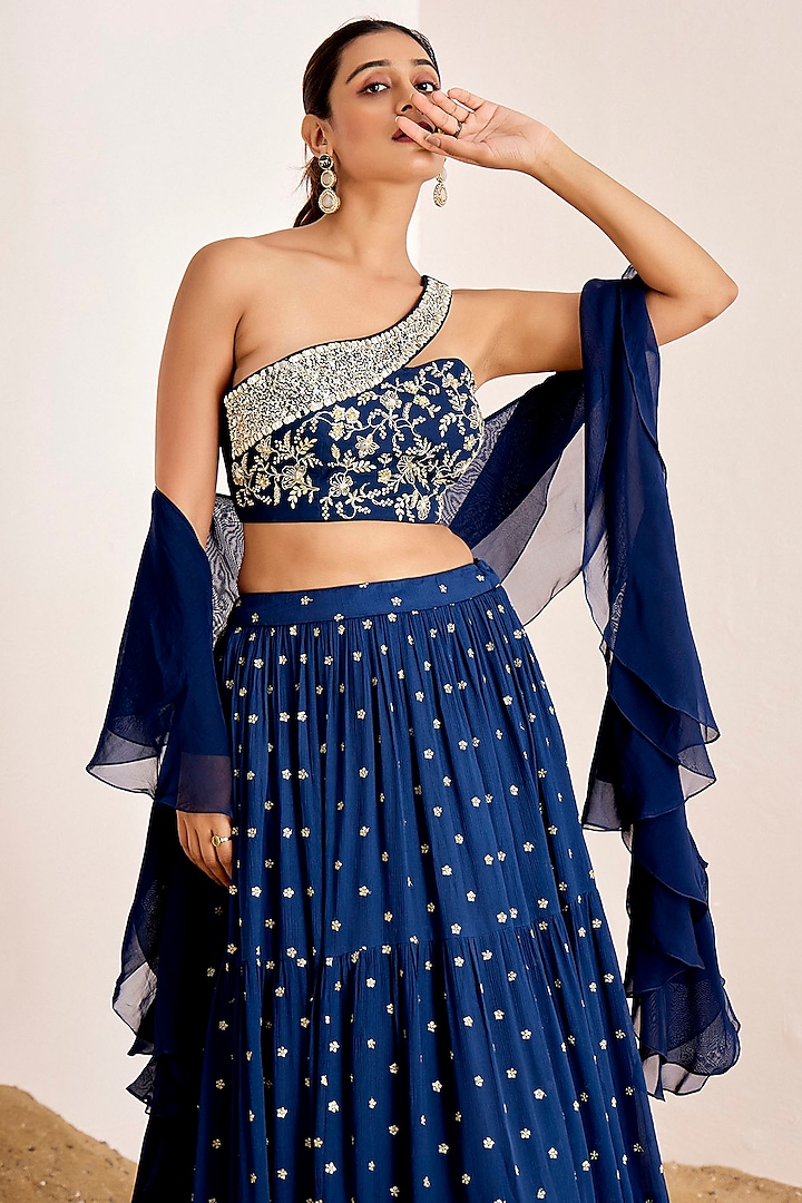 Navy Blue Georgette & Organza Sequins Embroidered Wedding Lehenga Set by Suruchi Parakh at Pernia's Pop Up Shop