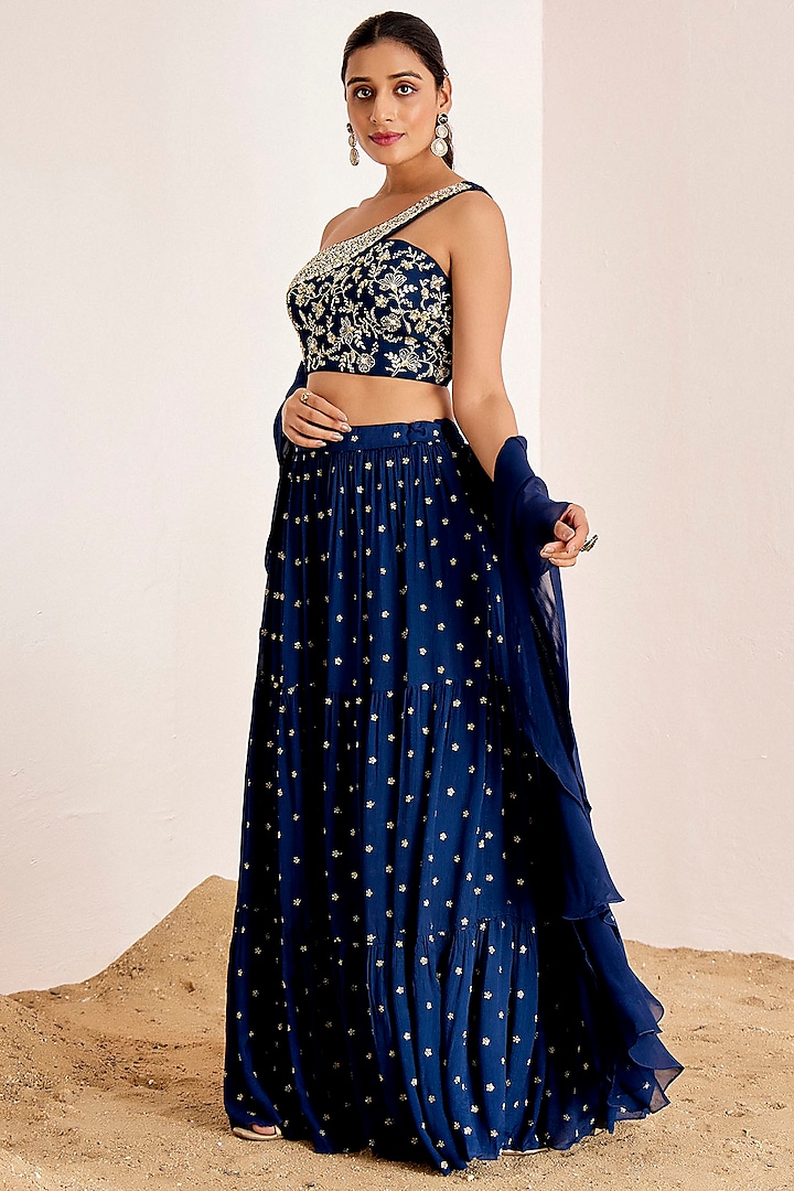 Navy Blue Georgette & Organza Sequins Embroidered Wedding Lehenga Set by Suruchi Parakh at Pernia's Pop Up Shop