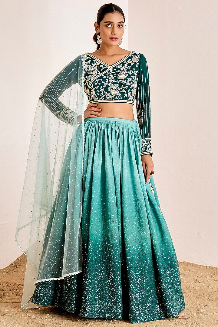 Emerald Green Georgette Sequins Embroidered Pleated Wedding Lehenga Set by Suruchi Parakh at Pernia's Pop Up Shop