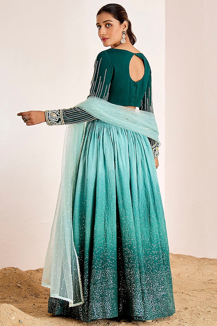Emerald Green Georgette Sequins Embroidered Pleated Wedding Lehenga Set by Suruchi Parakh at Pernia's Pop Up Shop