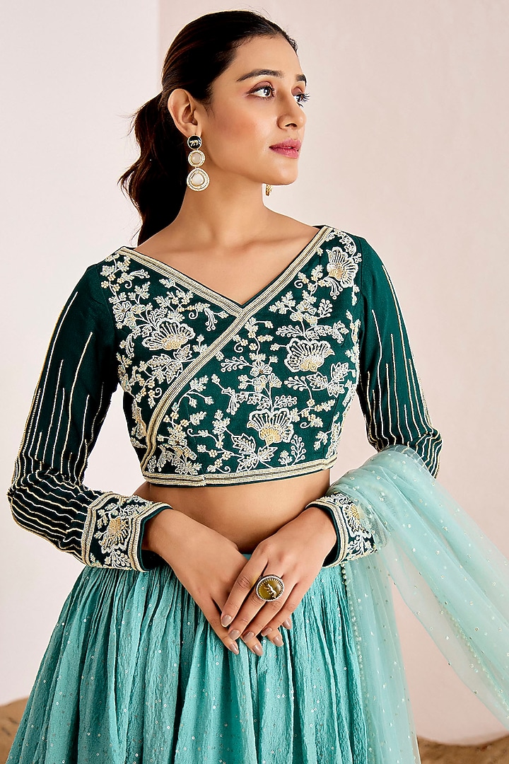 Emerald Green Georgette Sequins Embroidered Pleated Wedding Lehenga Set by Suruchi Parakh at Pernia's Pop Up Shop