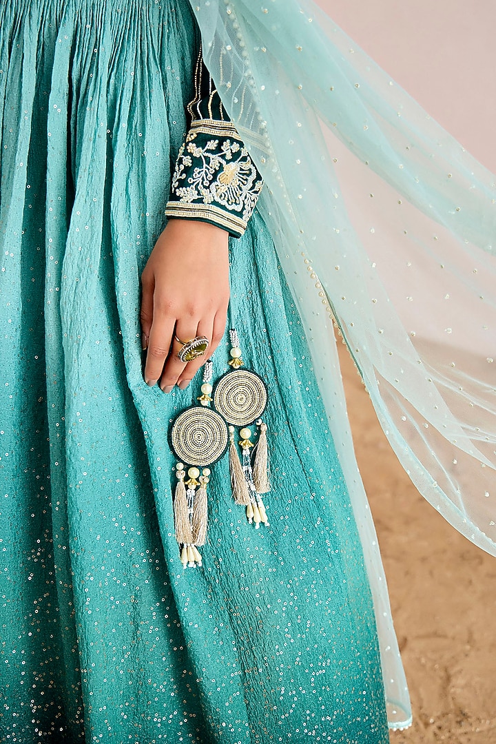 Emerald Green Georgette Sequins Embroidered Pleated Wedding Lehenga Set by Suruchi Parakh at Pernia's Pop Up Shop