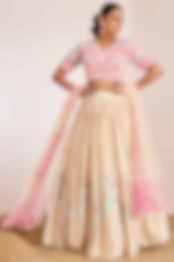Cream Georgette Crepe Embroidered Wedding Lehenga Set by Suruchi Parakh at Pernia's Pop Up Shop