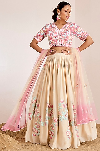 Cream Georgette Crepe Embroidered Lehenga Set by Suruchi Parakh