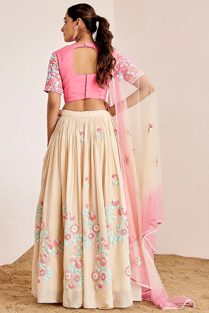 Cream Georgette Crepe Embroidered Wedding Lehenga Set by Suruchi Parakh at Pernia's Pop Up Shop