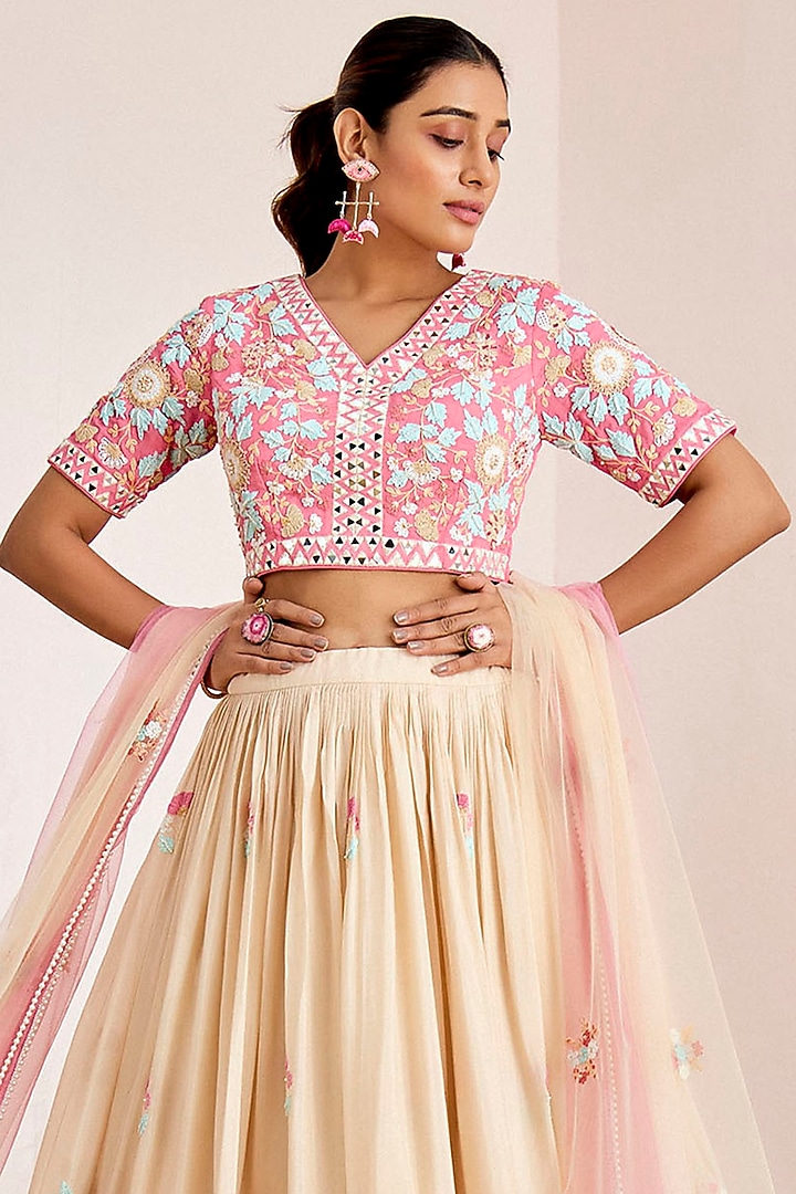 Cream Georgette Crepe Embroidered Wedding Lehenga Set by Suruchi Parakh at Pernia's Pop Up Shop