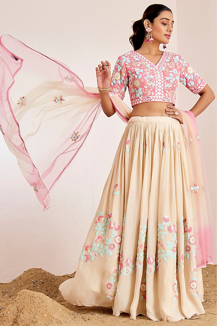Cream Georgette Crepe Embroidered Wedding Lehenga Set by Suruchi Parakh at Pernia's Pop Up Shop