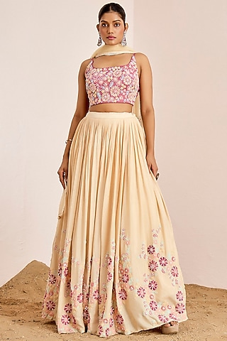 Cream Georgette Crepe Embroidered Lehenga Set by Suruchi Parakh