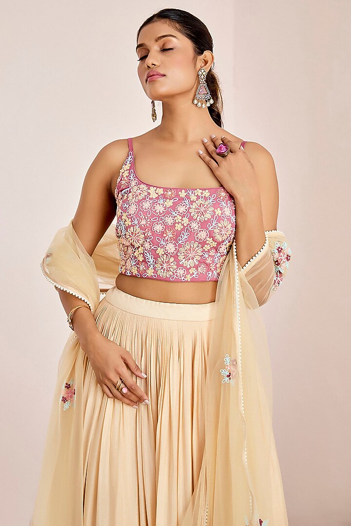 Cream Georgette Crepe Embroidered Wedding Lehenga Set by Suruchi Parakh at Pernia's Pop Up Shop