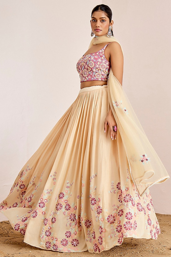 Cream Georgette Crepe Embroidered Wedding Lehenga Set by Suruchi Parakh at Pernia's Pop Up Shop