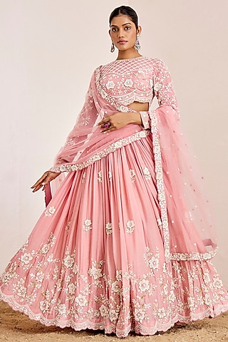 Pink Satin Crepe Hand Embroidered Lehenga Set by Suruchi Parakh