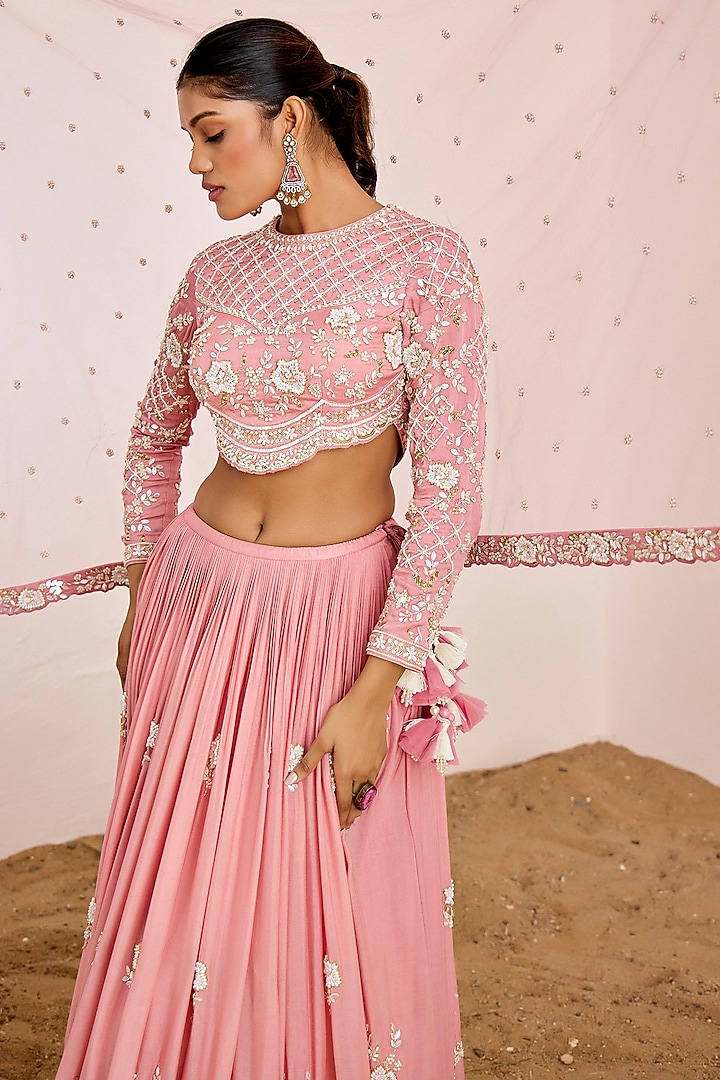 Pink Satin Crepe Hand Embroidered Bridal Lehenga Set by Suruchi Parakh at Pernia's Pop Up Shop