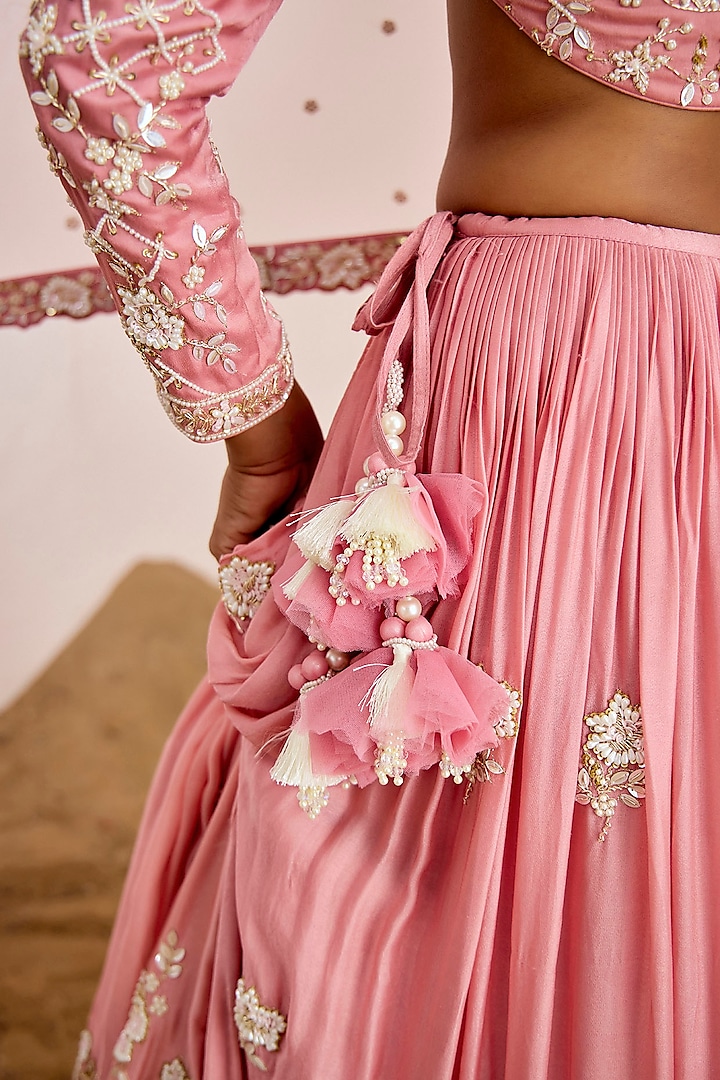 Pink Satin Crepe Hand Embroidered Bridal Lehenga Set by Suruchi Parakh at Pernia's Pop Up Shop