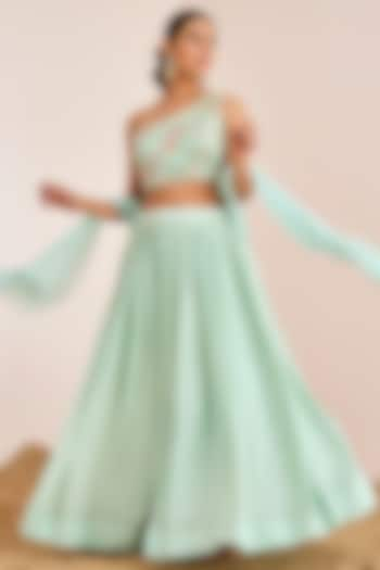 Sea Green Georgette Crepe & Organza Sequins Embroidered Wedding Lehenga Set by Suruchi Parakh at Pernia's Pop Up Shop