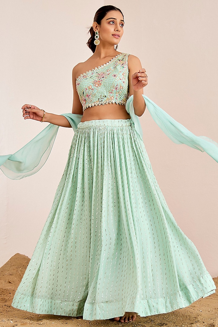 Sea Green Georgette Crepe & Organza Sequins Embroidered Wedding Lehenga Set by Suruchi Parakh at Pernia's Pop Up Shop