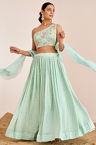 Sea Green Georgette Crepe & Organza Sequins Embroidered Lehenga Set by Suruchi Parakh