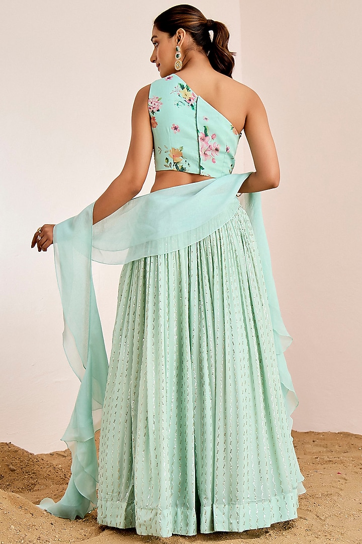 Sea Green Georgette Crepe & Organza Sequins Embroidered Wedding Lehenga Set by Suruchi Parakh at Pernia's Pop Up Shop