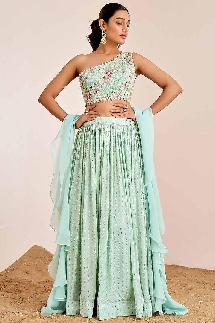 Sea Green Georgette Crepe & Organza Sequins Embroidered Wedding Lehenga Set by Suruchi Parakh at Pernia's Pop Up Shop