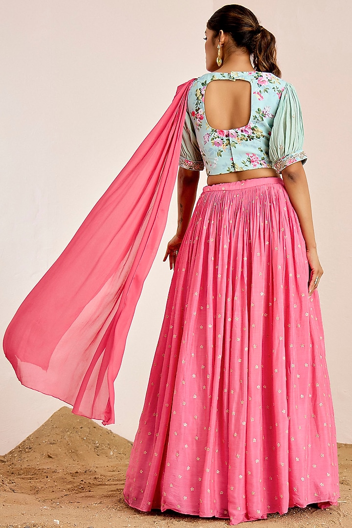 Bright Pink Georgette Crepe Sequins Embroidered Wedding Lehenga Set by Suruchi Parakh at Pernia's Pop Up Shop