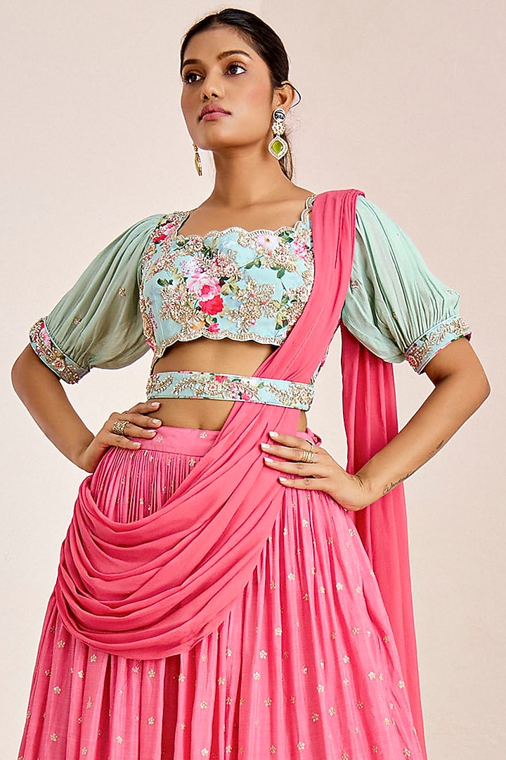 Bright Pink Georgette Crepe Sequins Embroidered Wedding Lehenga Set by Suruchi Parakh at Pernia's Pop Up Shop