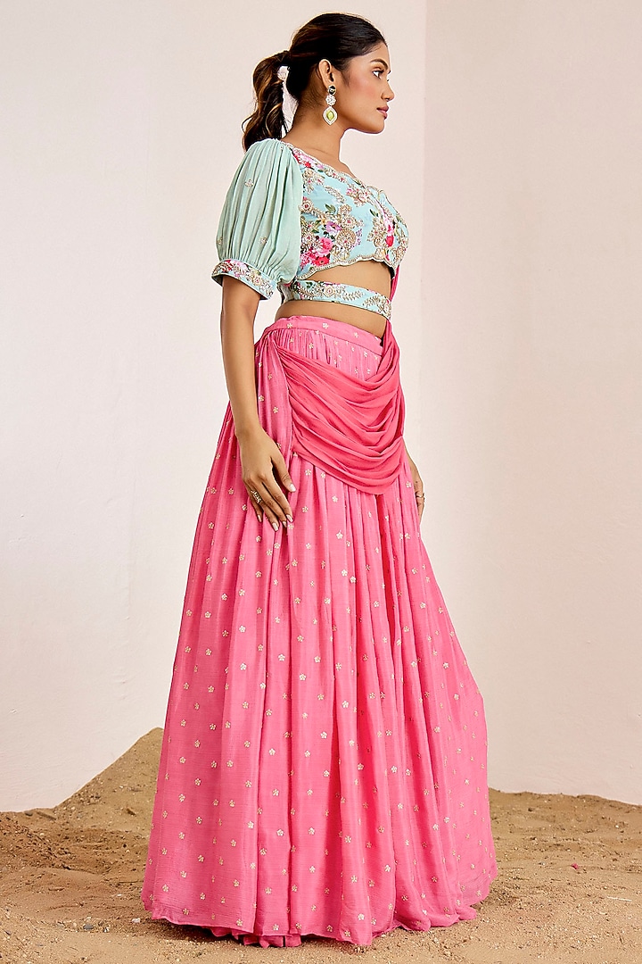 Bright Pink Georgette Crepe Sequins Embroidered Wedding Lehenga Set by Suruchi Parakh at Pernia's Pop Up Shop