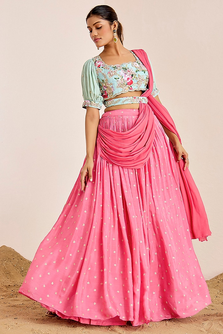 Bright Pink Georgette Crepe Sequins Embroidered Wedding Lehenga Set by Suruchi Parakh at Pernia's Pop Up Shop