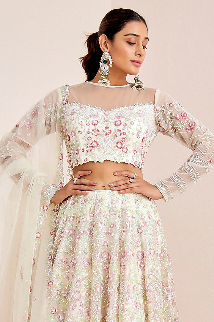 White Net Hand Embroidered Bridal Lehenga Set by Suruchi Parakh at Pernia's Pop Up Shop