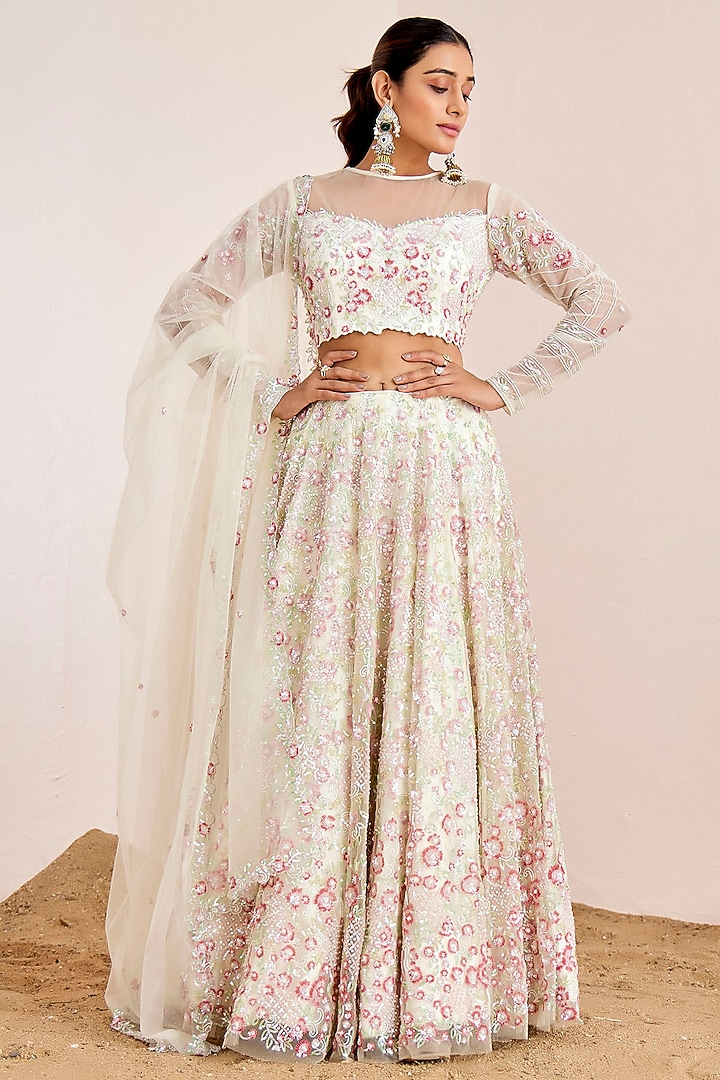 White Net Hand Embroidered Bridal Lehenga Set by Suruchi Parakh at Pernia's Pop Up Shop