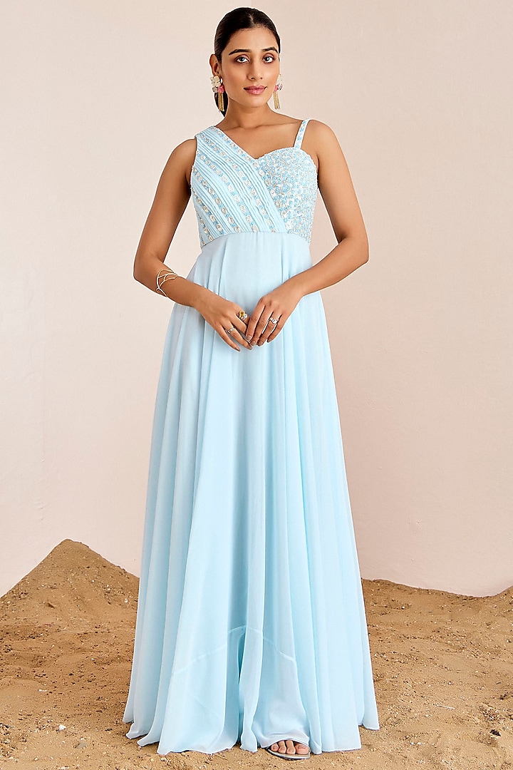 Powder Blue Georgette Hand Embroidered One-Shoulder Gown by Suruchi Parakh at Pernia's Pop Up Shop