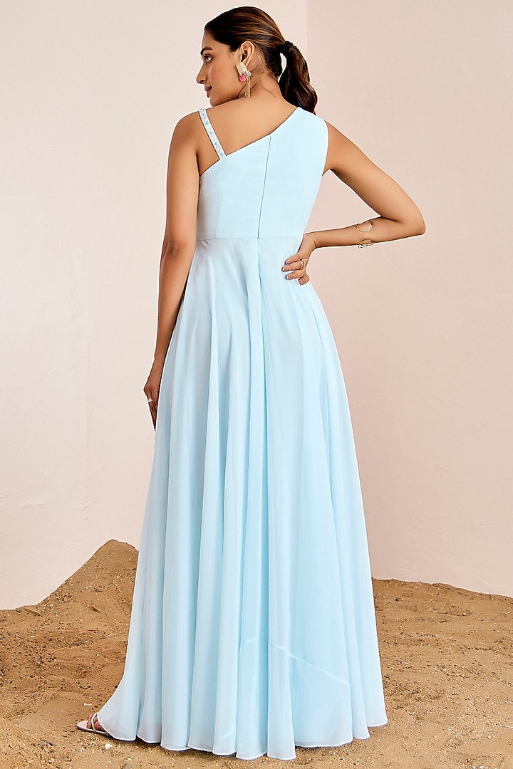 Powder Blue Georgette Hand Embroidered One-Shoulder Engagement Gown by Suruchi Parakh at Pernia's Pop Up Shop