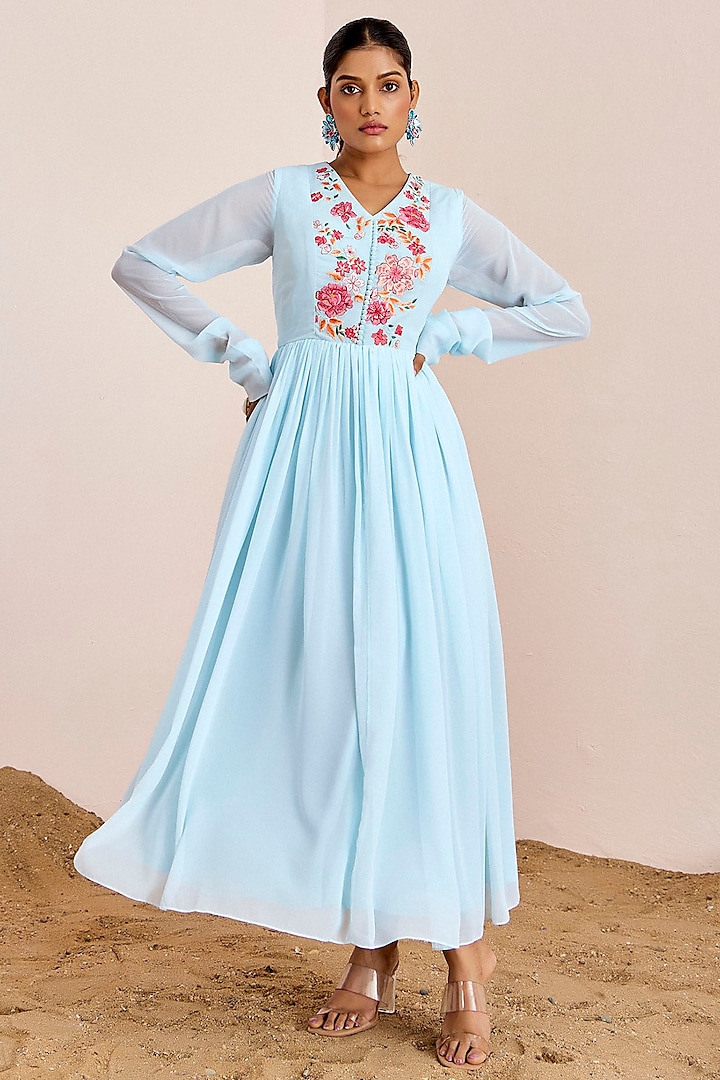 Powder Blue Georgette Thread Embroidered Gown by Suruchi Parakh at Pernia's Pop Up Shop