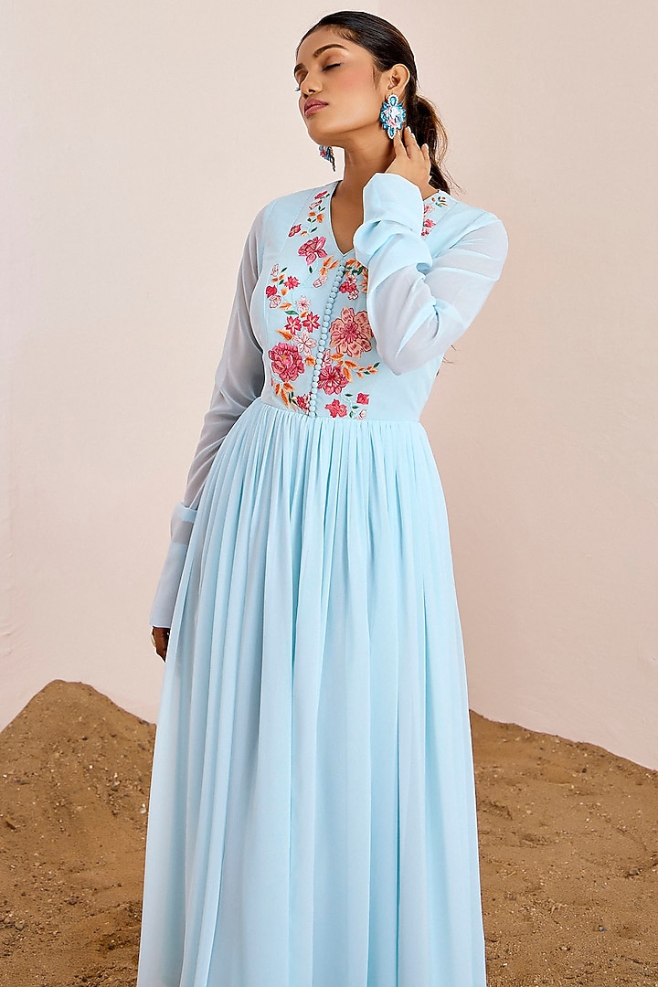 Powder Blue Georgette Thread Embroidered Party Wear Gown by Suruchi Parakh at Pernia's Pop Up Shop