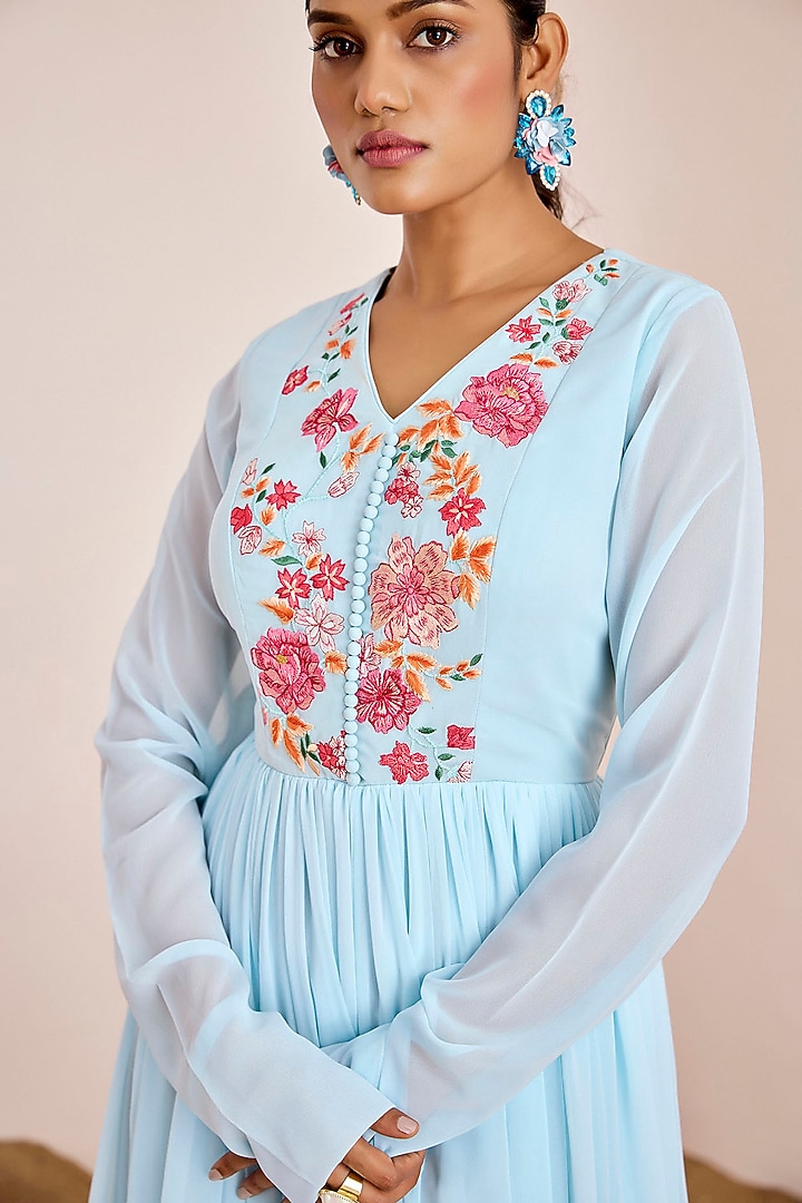 Powder Blue Georgette Thread Embroidered Party Wear Gown by Suruchi Parakh at Pernia's Pop Up Shop