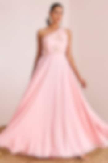 Blush Pink Georgette Hand Embroidered One-Shoulder Engagement Gown by Suruchi Parakh at Pernia's Pop Up Shop