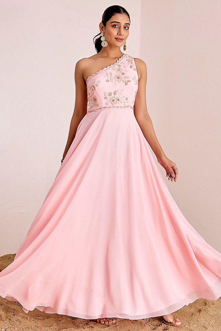 Blush Pink Georgette Hand Embroidered One-Shoulder Engagement Gown by Suruchi Parakh at Pernia's Pop Up Shop