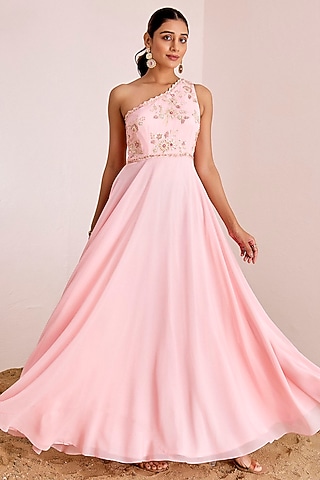Blush Pink Georgette Hand Embroidered One-Shoulder Gown by Suruchi Parakh