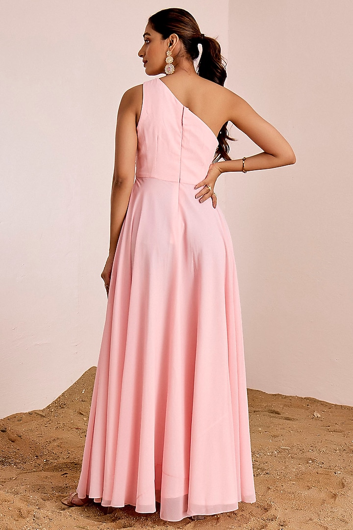Blush Pink Georgette Hand Embroidered One-Shoulder Engagement Gown by Suruchi Parakh at Pernia's Pop Up Shop
