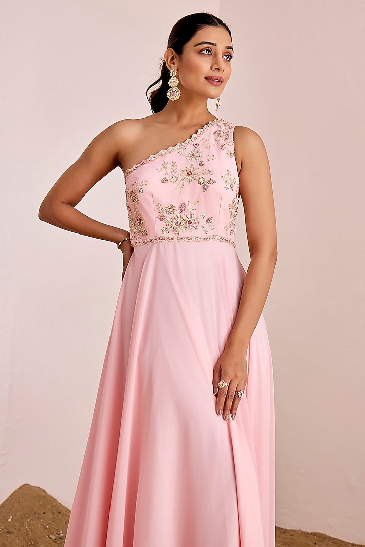 Blush Pink Georgette Hand Embroidered One-Shoulder Engagement Gown by Suruchi Parakh at Pernia's Pop Up Shop