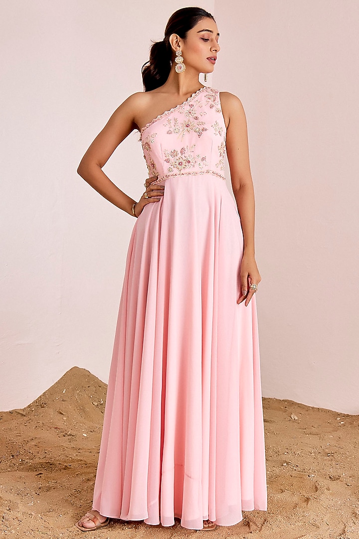 Blush Pink Georgette Hand Embroidered One-Shoulder Engagement Gown by Suruchi Parakh at Pernia's Pop Up Shop