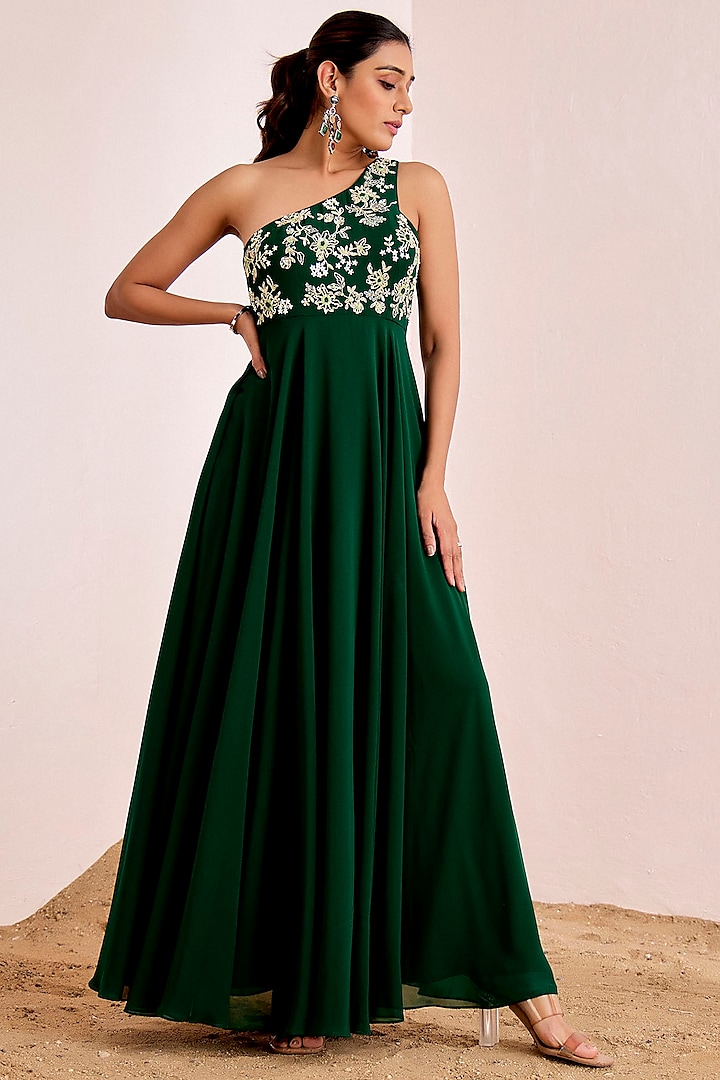 Bottle Green Georgette Hand Embroidered One-Shoulder Gown by Suruchi Parakh at Pernia's Pop Up Shop