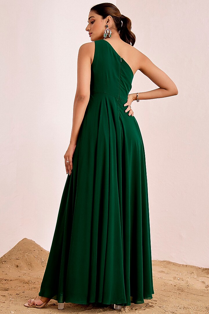 Bottle Green Georgette Hand Embroidered One-Shoulder Engagement Gown by Suruchi Parakh at Pernia's Pop Up Shop