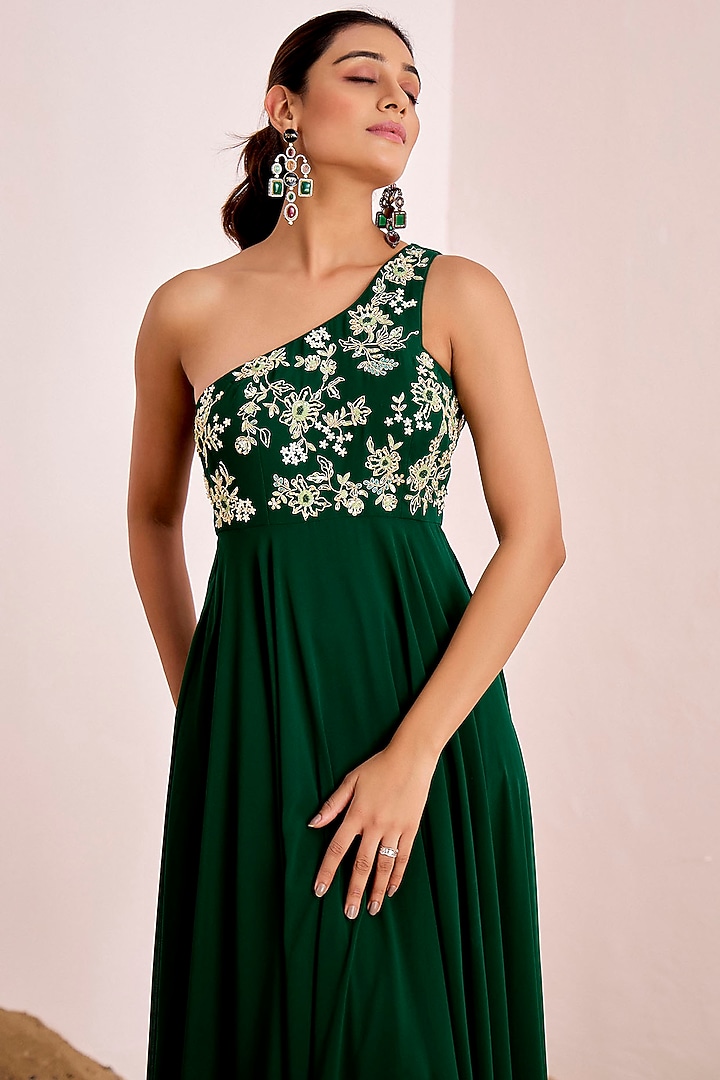 Bottle Green Georgette Hand Embroidered One-Shoulder Engagement Gown by Suruchi Parakh at Pernia's Pop Up Shop