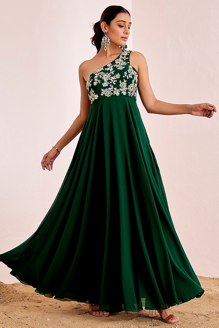 Bottle Green Georgette Hand Embroidered One-Shoulder Engagement Gown by Suruchi Parakh at Pernia's Pop Up Shop