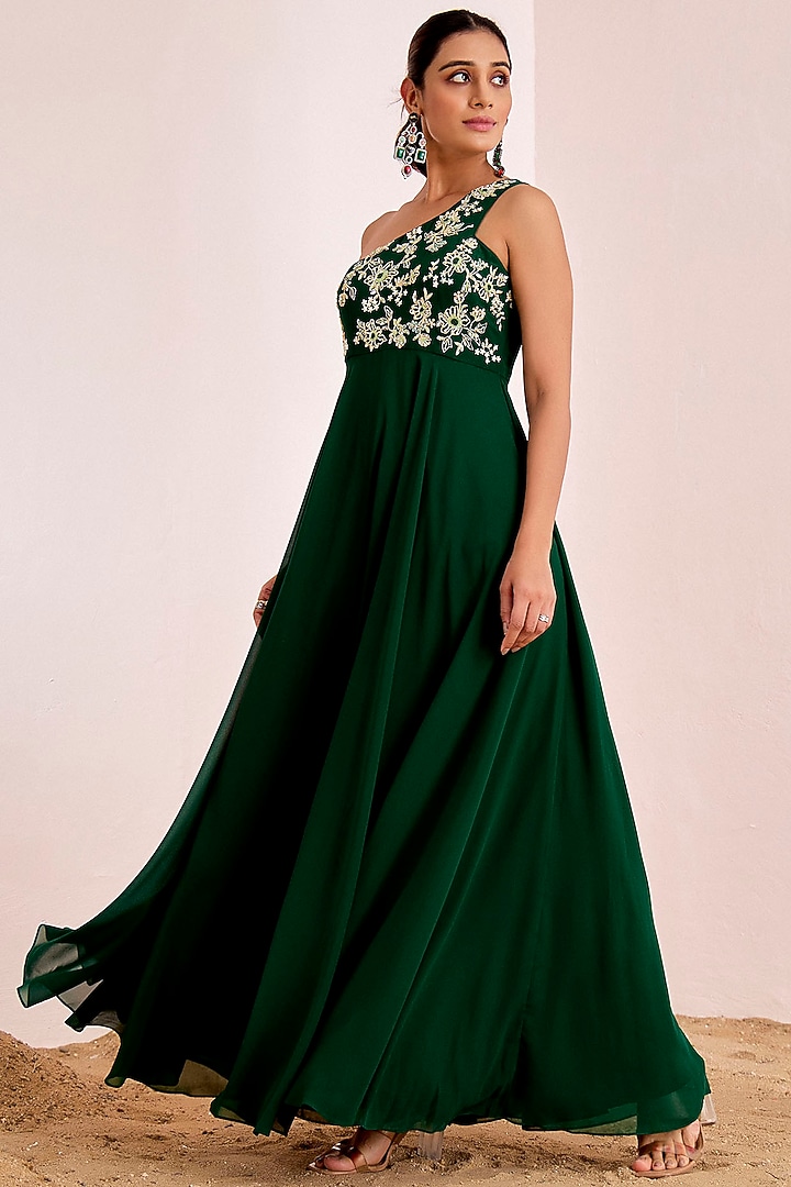 Bottle Green Georgette Hand Embroidered One-Shoulder Engagement Gown by Suruchi Parakh at Pernia's Pop Up Shop
