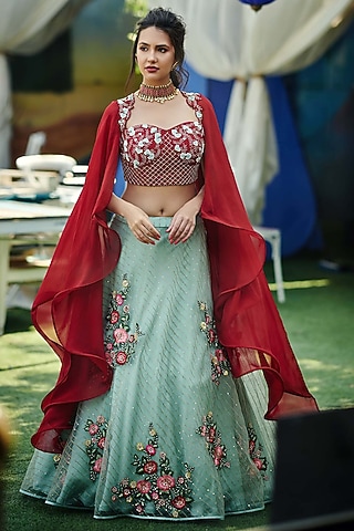 Sea Green & Maroon Tussar Silk Skirt Set by Suruchi Parakh