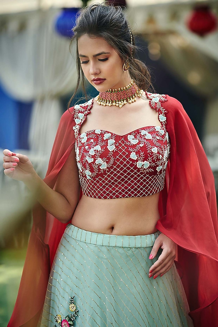 Sea Green & Maroon Tussar Silk Skirt Set by Suruchi Parakh at Pernia's Pop Up Shop