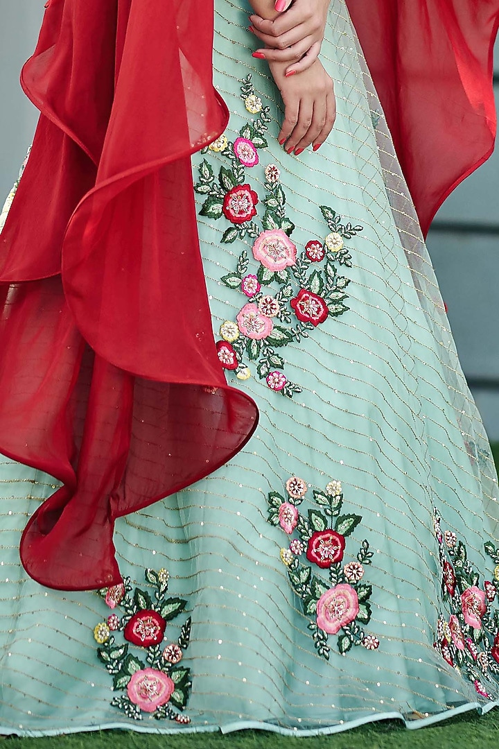 Sea Green & Maroon Tussar Silk Skirt Set by Suruchi Parakh at Pernia's Pop Up Shop